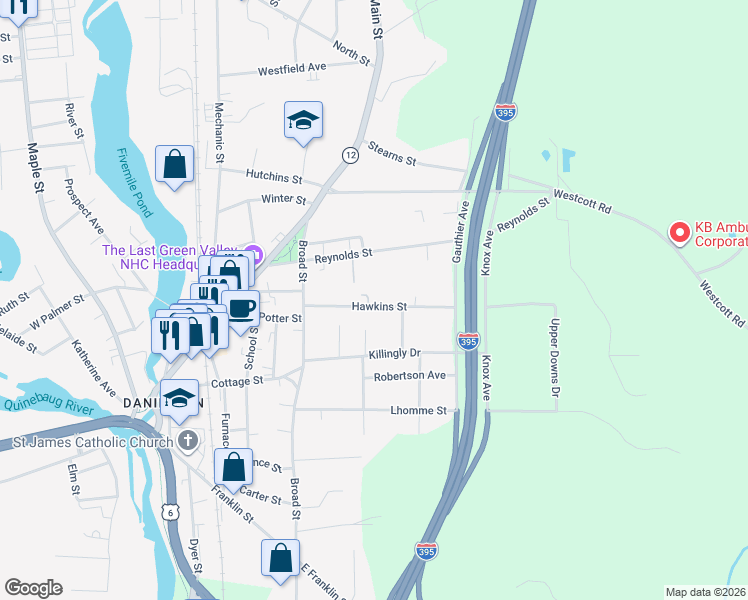 map of restaurants, bars, coffee shops, grocery stores, and more near 64 Hawkins Street in Killingly