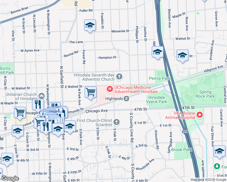 map of restaurants, bars, coffee shops, grocery stores, and more near 120 North Oak Street in Hinsdale