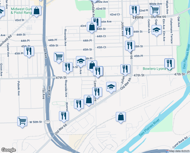 map of restaurants, bars, coffee shops, grocery stores, and more near W 47th St & Lawndale Ave in Lyons