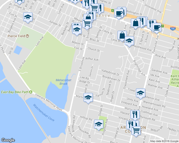 map of restaurants, bars, coffee shops, grocery stores, and more near 20 Gemini Drive in East Providence