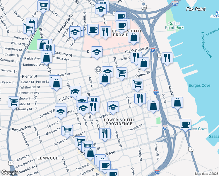 map of restaurants, bars, coffee shops, grocery stores, and more near 10 Ocean Street in Providence