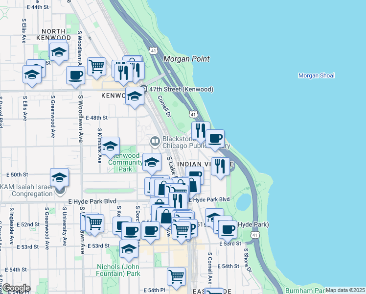map of restaurants, bars, coffee shops, grocery stores, and more near 4922 South Cornell Avenue in Chicago