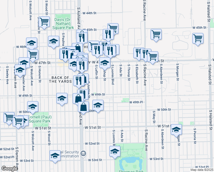 map of restaurants, bars, coffee shops, grocery stores, and more near 4829 South Bishop Street in Chicago