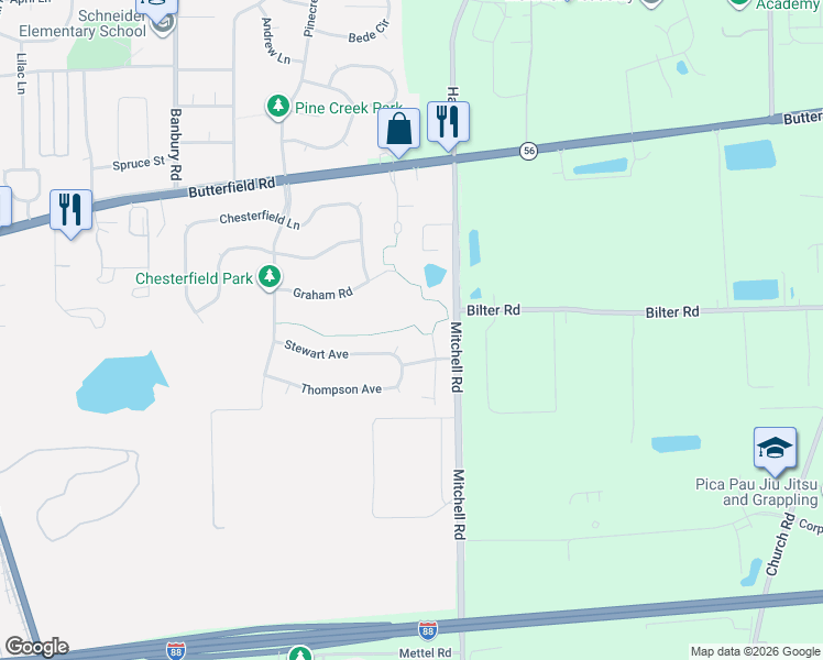 map of restaurants, bars, coffee shops, grocery stores, and more near 52 Johnson Court in North Aurora