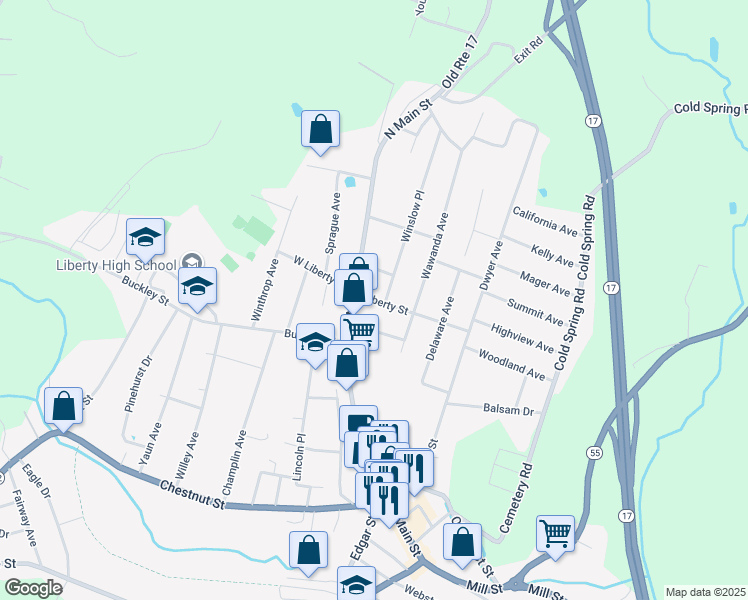 map of restaurants, bars, coffee shops, grocery stores, and more near 16 Liberty Street in Liberty