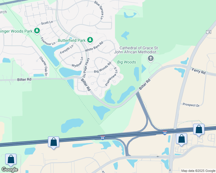 map of restaurants, bars, coffee shops, grocery stores, and more near 2651 Prairieview Lane South in Aurora