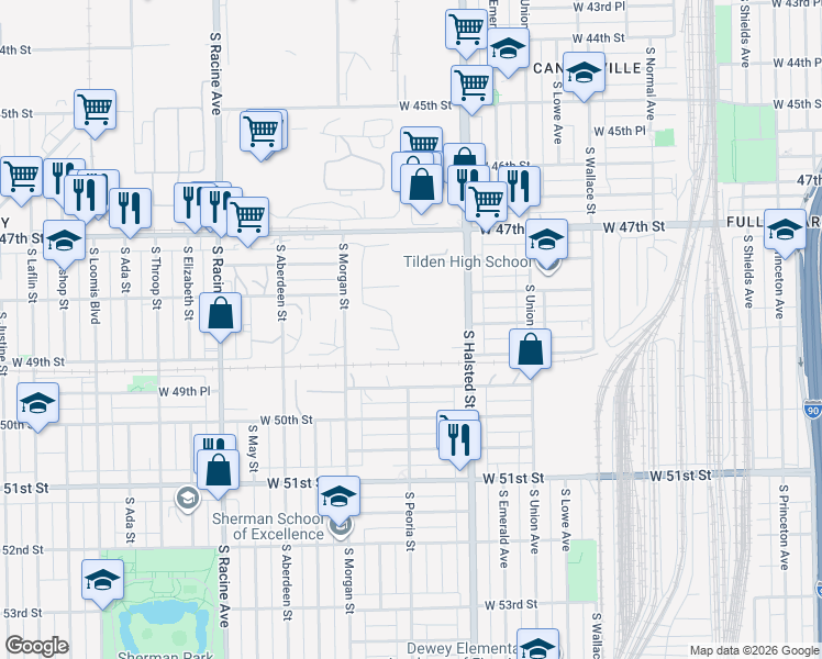 map of restaurants, bars, coffee shops, grocery stores, and more near 900 West 47th Street in Chicago