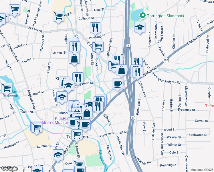 map of restaurants, bars, coffee shops, grocery stores, and more near 196 East Pearl Street in Torrington