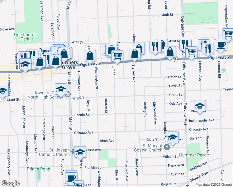 map of restaurants, bars, coffee shops, grocery stores, and more near 4428 Elm Street in Downers Grove
