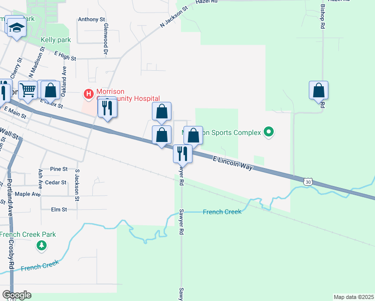 map of restaurants, bars, coffee shops, grocery stores, and more near 8012 Lincoln Highway in Morrison