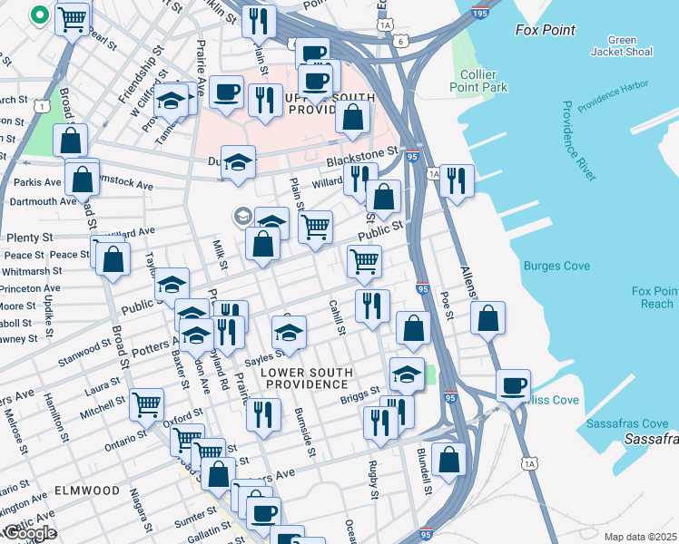 map of restaurants, bars, coffee shops, grocery stores, and more near 252 Public Street in Providence