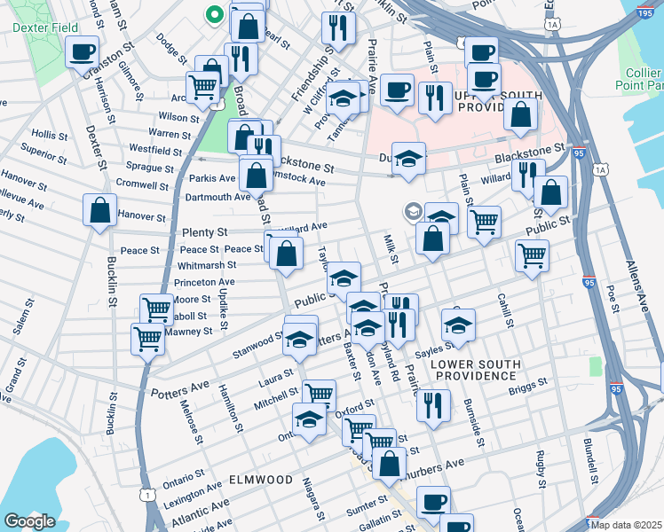 map of restaurants, bars, coffee shops, grocery stores, and more near 10 Mount Vernon Street in Providence