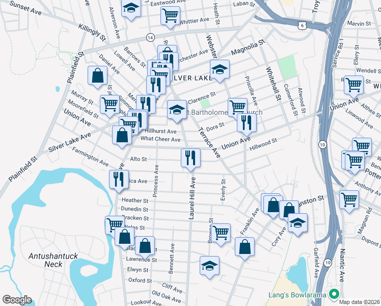 map of restaurants, bars, coffee shops, grocery stores, and more near 357 Laurel Hill Avenue in Providence