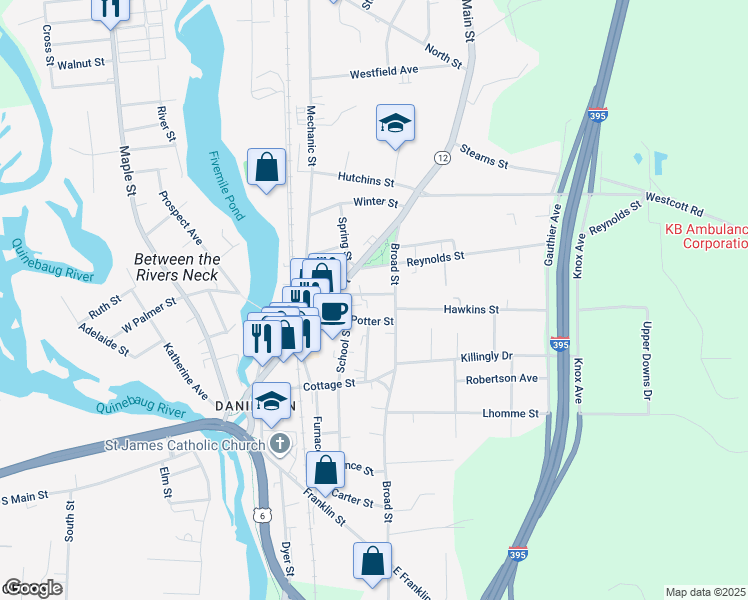 map of restaurants, bars, coffee shops, grocery stores, and more near 50 Academy Street in Killingly