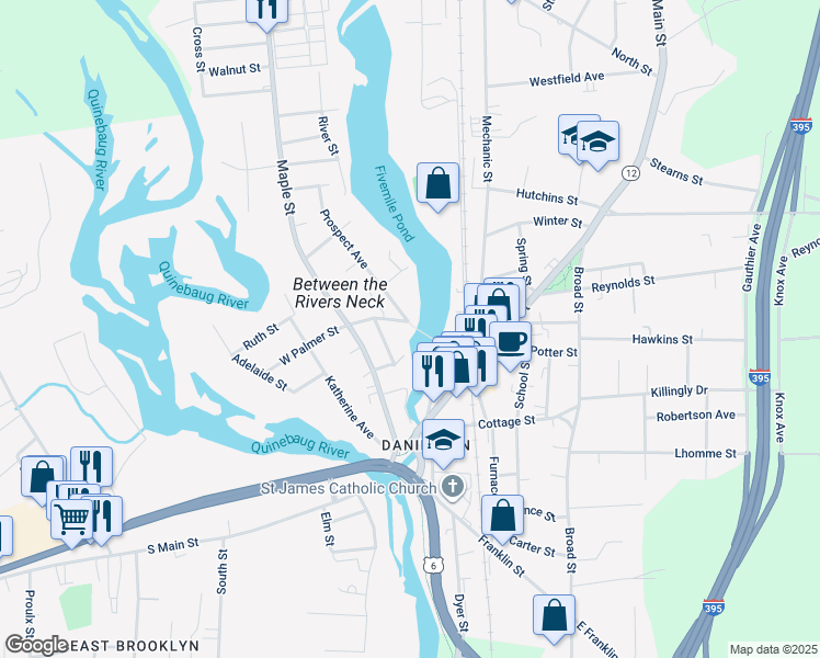 map of restaurants, bars, coffee shops, grocery stores, and more near 10 Prospect Avenue in Killingly