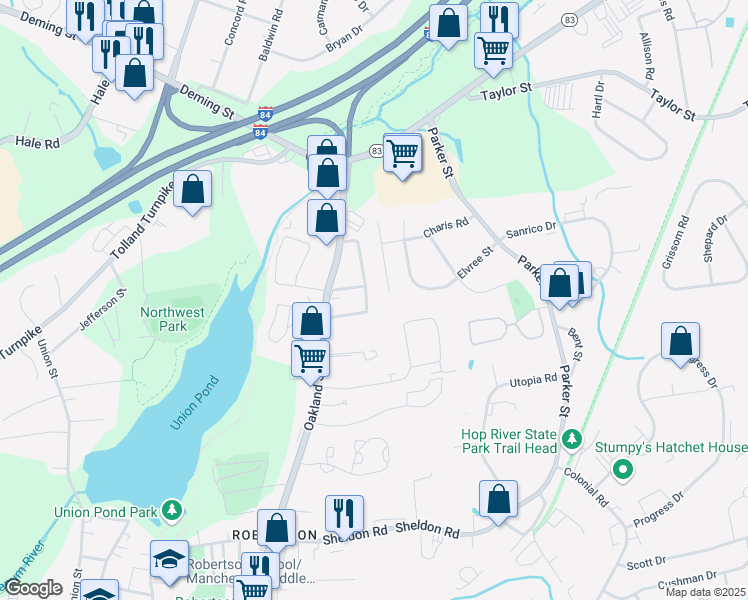 map of restaurants, bars, coffee shops, grocery stores, and more near 45 Oakland Terrace in Manchester