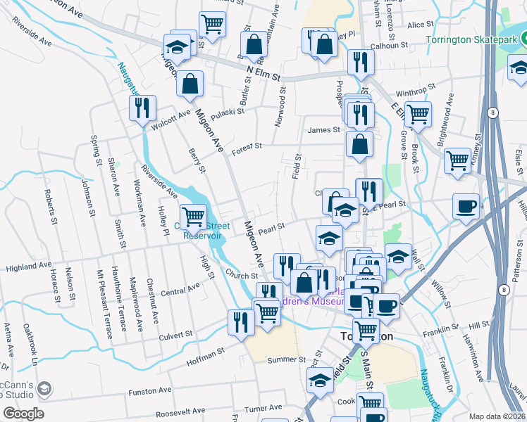 map of restaurants, bars, coffee shops, grocery stores, and more near 35 Bancroft Street in Torrington