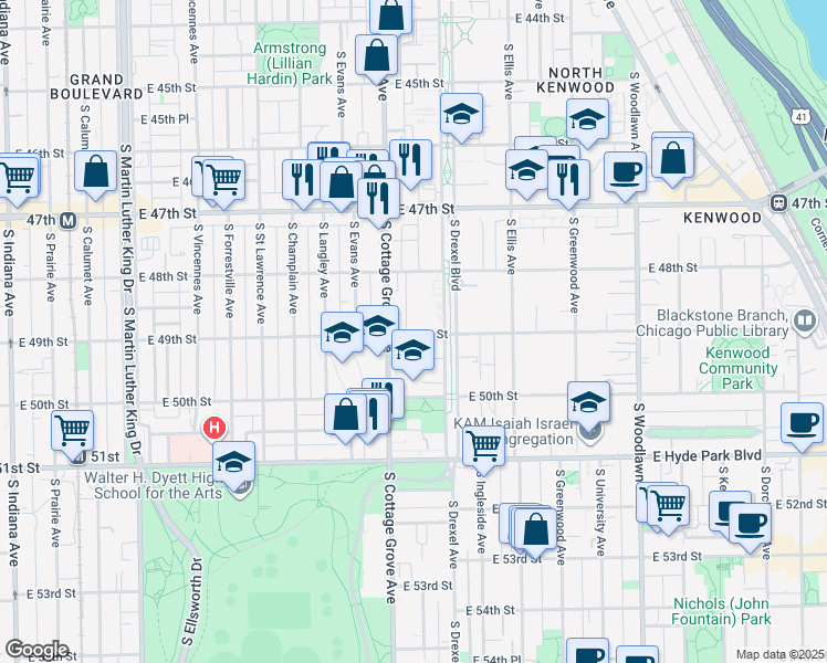 map of restaurants, bars, coffee shops, grocery stores, and more near 4829 South Cottage Grove Avenue in Chicago