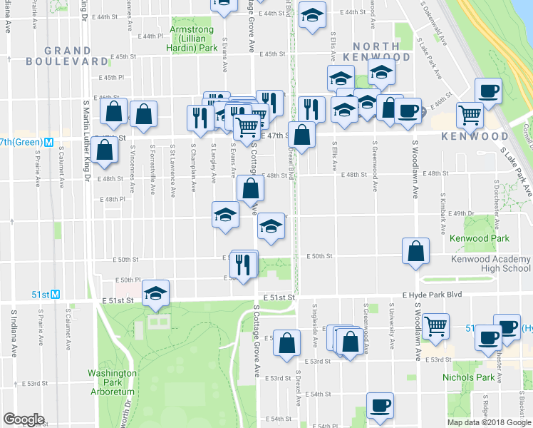 map of restaurants, bars, coffee shops, grocery stores, and more near 4829 South Cottage Grove Avenue in Chicago