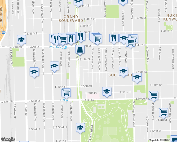map of restaurants, bars, coffee shops, grocery stores, and more near 431 East 48th Place in Chicago