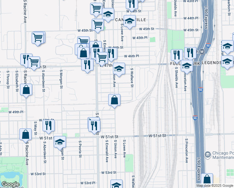 map of restaurants, bars, coffee shops, grocery stores, and more near 634 West 48th Place in Chicago