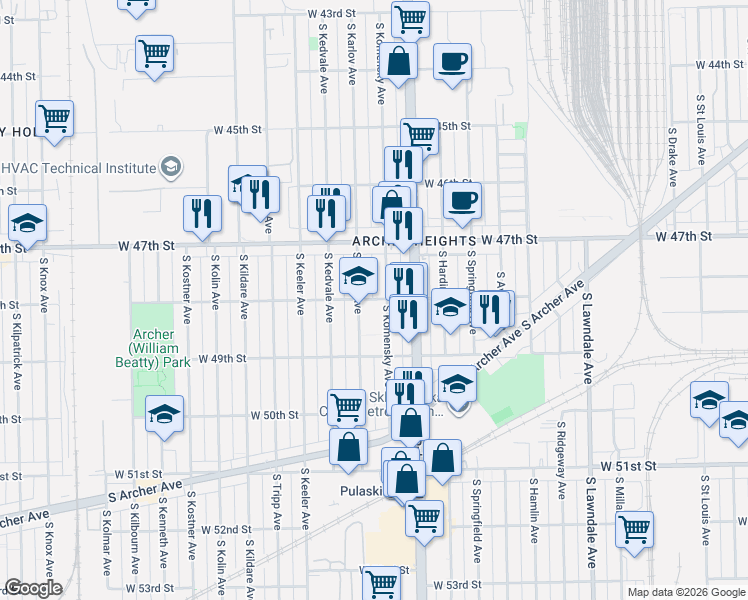 map of restaurants, bars, coffee shops, grocery stores, and more near 4742 South Karlov Avenue in Chicago