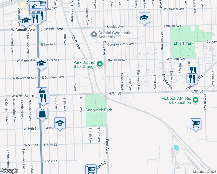 map of restaurants, bars, coffee shops, grocery stores, and more near 4619 East Avenue in Brookfield