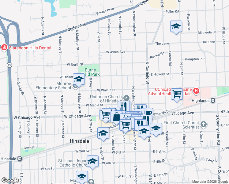 map of restaurants, bars, coffee shops, grocery stores, and more near 206 North Lincoln Street in Hinsdale