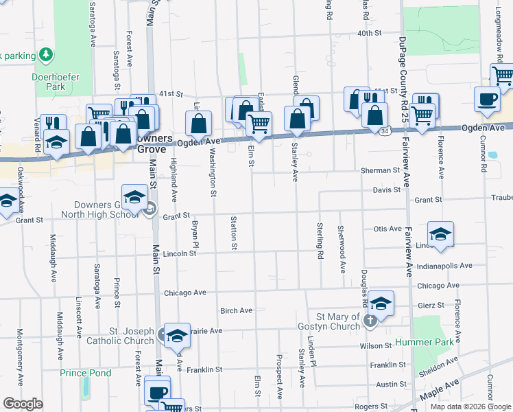 map of restaurants, bars, coffee shops, grocery stores, and more near 4428 Elm Street in Downers Grove