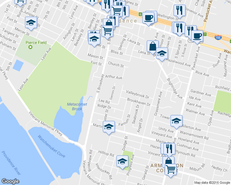 map of restaurants, bars, coffee shops, grocery stores, and more near 25 Gemini Drive in East Providence