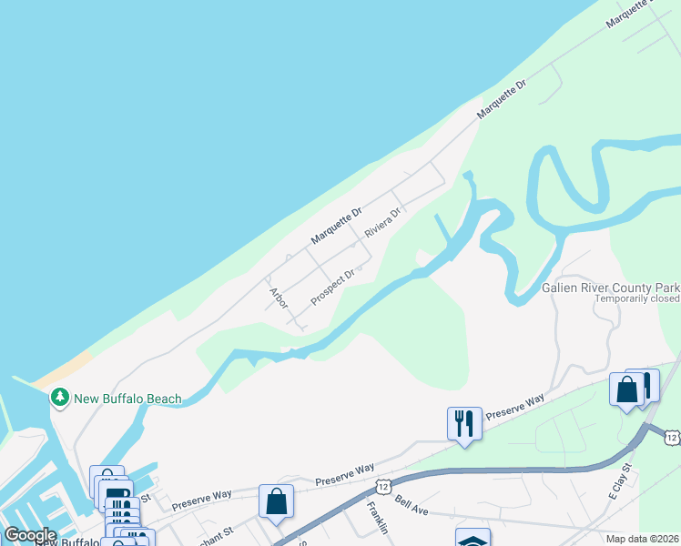 map of restaurants, bars, coffee shops, grocery stores, and more near 11615 Prospect Drive in New Buffalo