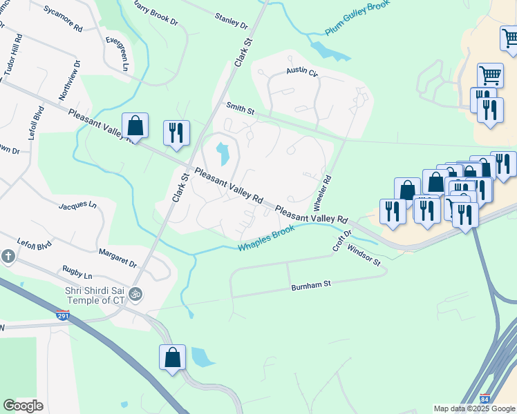 map of restaurants, bars, coffee shops, grocery stores, and more near 122 Ivy Lane in South Windsor