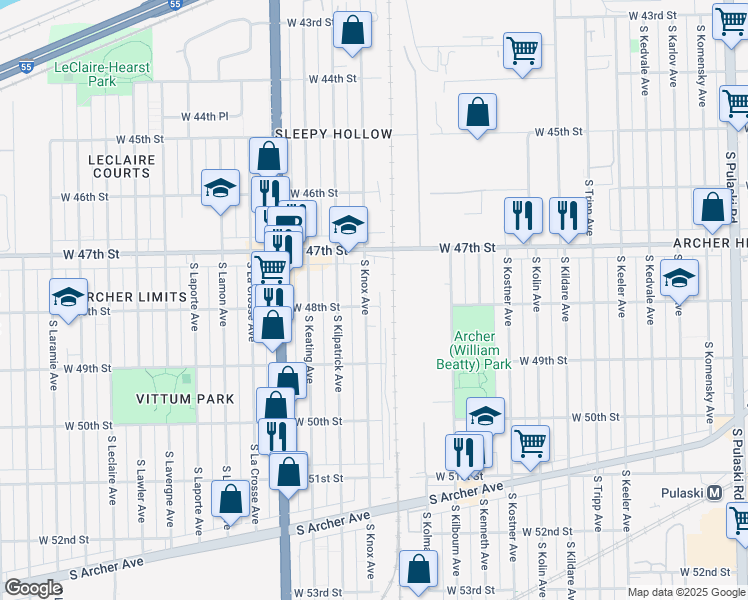 map of restaurants, bars, coffee shops, grocery stores, and more near 4737 South Knox Avenue in Chicago