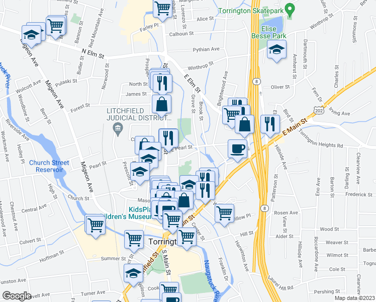 map of restaurants, bars, coffee shops, grocery stores, and more near 62 East Pearl Street in Torrington