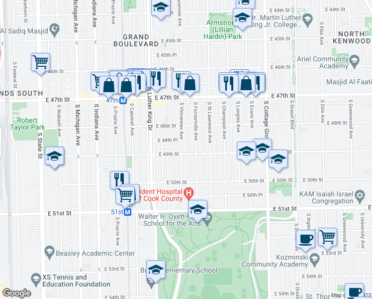map of restaurants, bars, coffee shops, grocery stores, and more near 4839 South Vincennes Avenue in Chicago