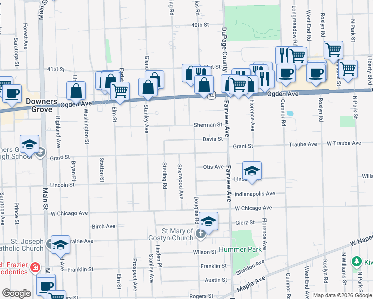 map of restaurants, bars, coffee shops, grocery stores, and more near 517 Davis Street in Downers Grove
