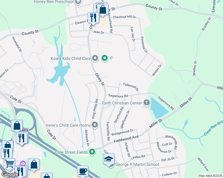 map of restaurants, bars, coffee shops, grocery stores, and more near 26 Edgewood Drive in Seekonk