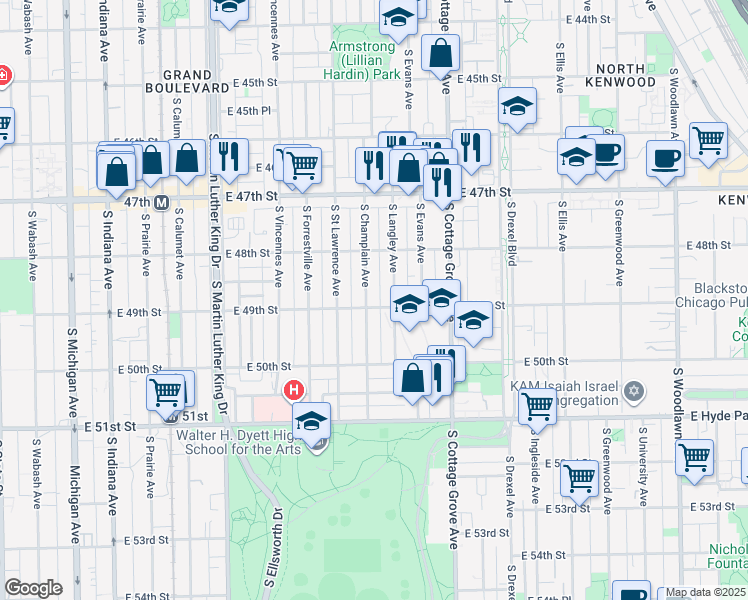 map of restaurants, bars, coffee shops, grocery stores, and more near 4836 South Champlain Avenue in Chicago