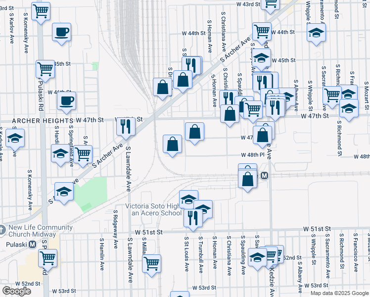 map of restaurants, bars, coffee shops, grocery stores, and more near 4807 South Saint Louis Avenue in Chicago