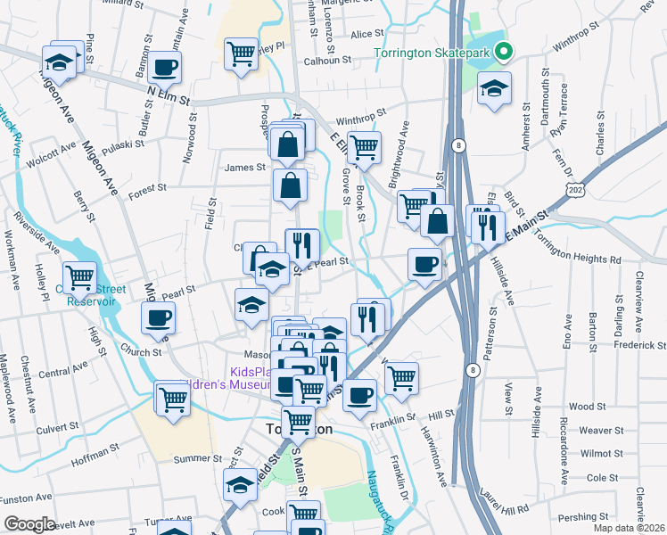 map of restaurants, bars, coffee shops, grocery stores, and more near 15 Grove Street in Torrington