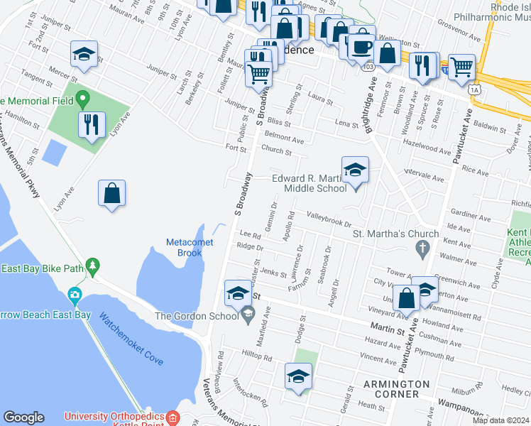 map of restaurants, bars, coffee shops, grocery stores, and more near 30 Gemini Drive in East Providence