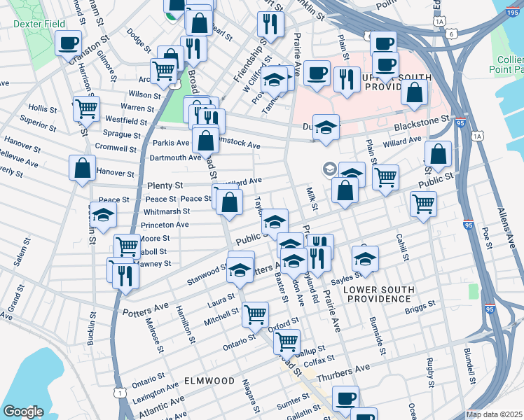 map of restaurants, bars, coffee shops, grocery stores, and more near 7 Marlborough Avenue in Providence
