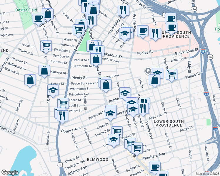 map of restaurants, bars, coffee shops, grocery stores, and more near 650 Broad Street in Providence