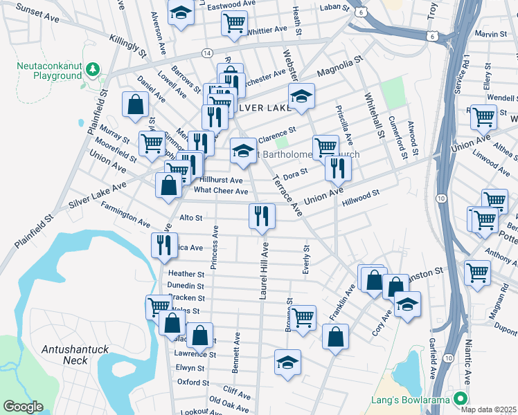 map of restaurants, bars, coffee shops, grocery stores, and more near 357 Laurel Hill Avenue in Providence