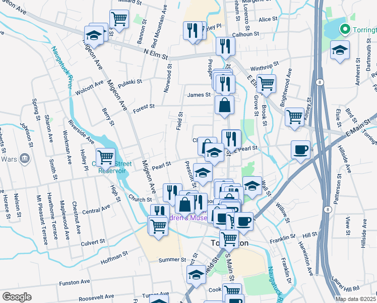 map of restaurants, bars, coffee shops, grocery stores, and more near 50 Field Street in Torrington