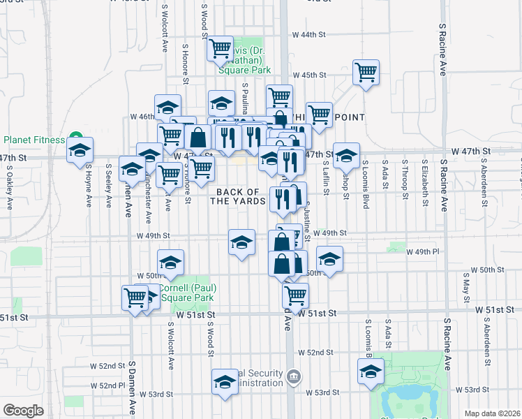map of restaurants, bars, coffee shops, grocery stores, and more near 4801 South Marshfield Avenue in Chicago