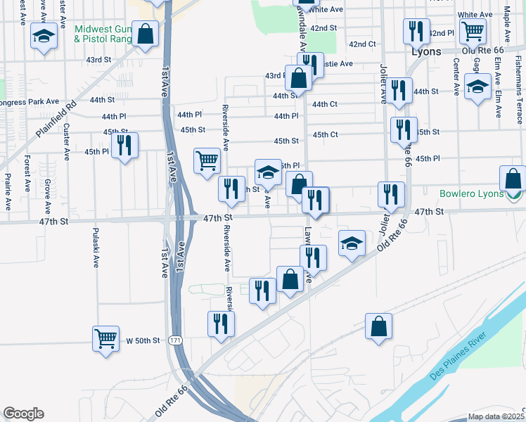 map of restaurants, bars, coffee shops, grocery stores, and more near 4637 Clyde Avenue in Lyons