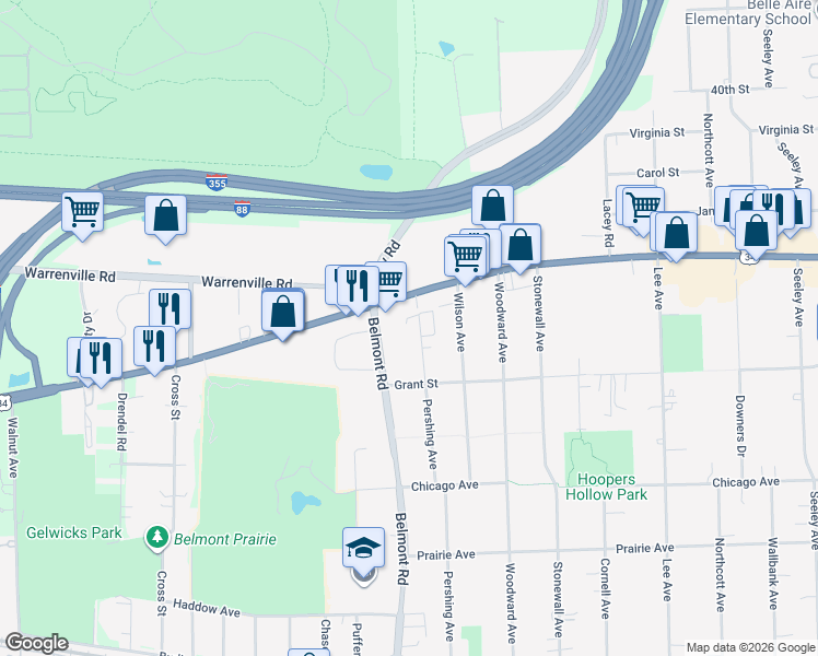 map of restaurants, bars, coffee shops, grocery stores, and more near 4401 Pershing Avenue in Downers Grove