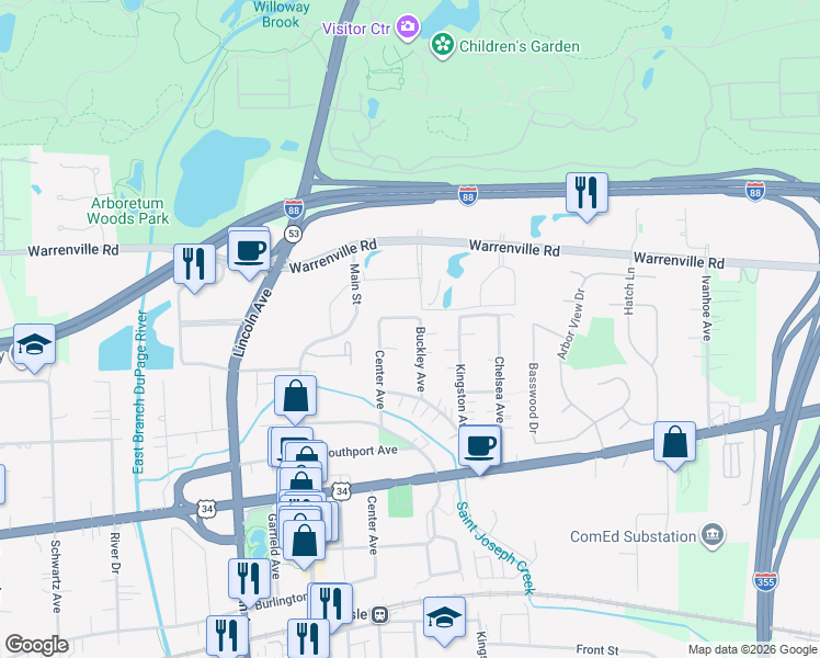 map of restaurants, bars, coffee shops, grocery stores, and more near 4400 Buckley Avenue in Lisle