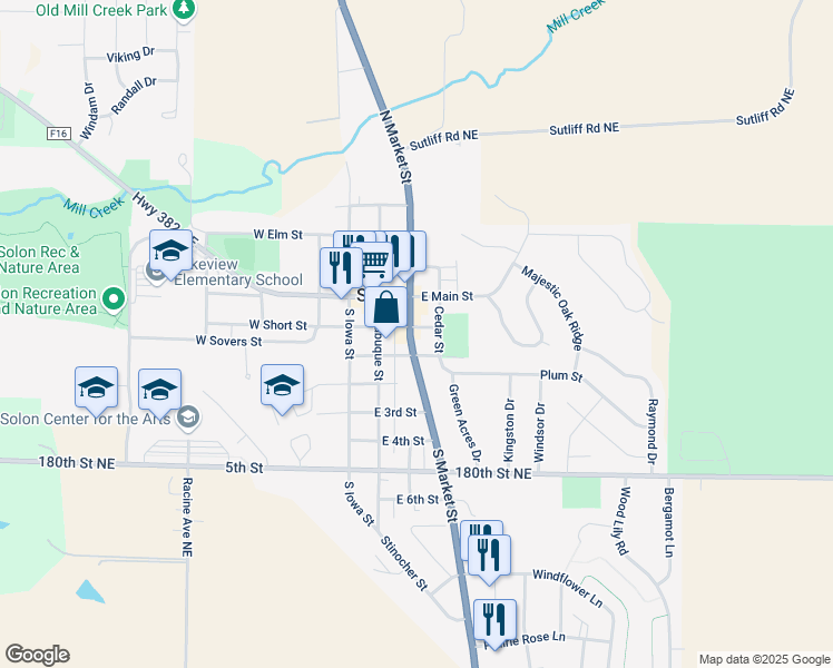 map of restaurants, bars, coffee shops, grocery stores, and more near 303 East Short Street in Solon